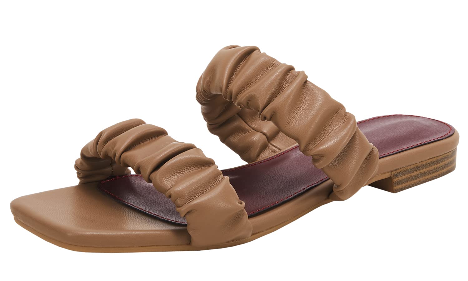 Women's Square Open Toe Flat Sandals Two Ruched Leather Strap Slide Sandal, Khaki, 5.5