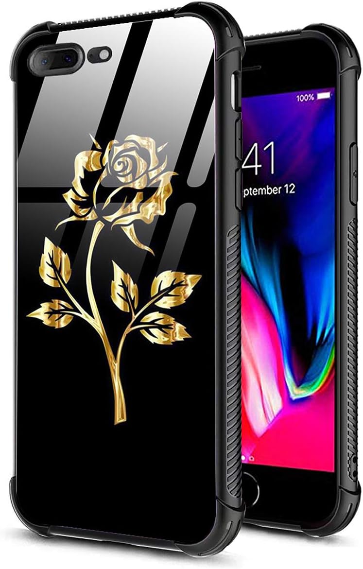 DAHAOGUO iPhone 7 Plus Case,iPhone 8 Plus Case,Gold Rose Pattern Design Girl Tempered Glass Back+Soft Silicone TPU Shock Absorption Bumper Protective Case Compatible for iPhone 7/8 Plus Rose