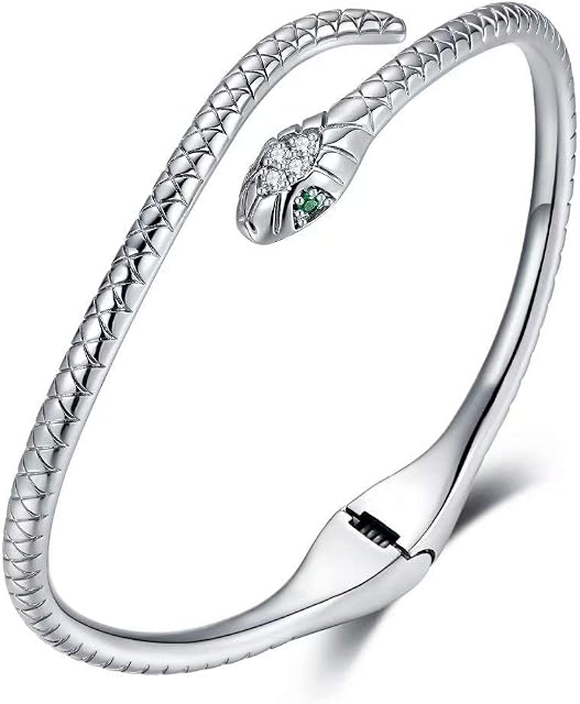 Qings Snake Bangle Bracelet- Open Clasp Snake Bracelets Silver Vintage Evil Eye Green Cubic Zirconia Birthday Gifts for Women Girls