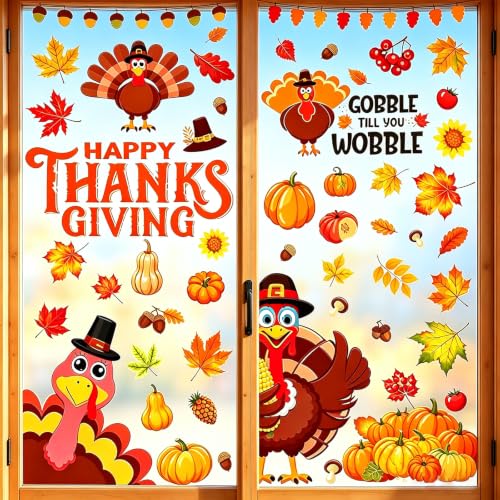 Image of LUDILO Fall Thanksgiving Window Clings Static Window Decal for Fall Decor | Holiday Turkey Maple Leaves Stickers, Thanksgiving /Fall Decorations, Home /Glass /Windows /Door Decor, Xmas Party Supplies