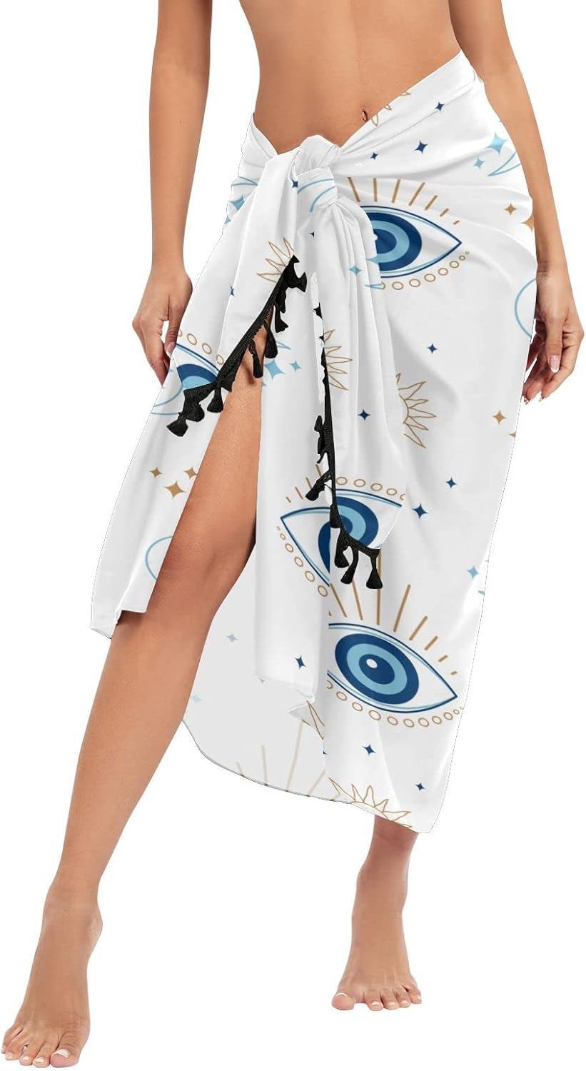 Magic Evil Eye Beach Sarong Coverups for Women Swimsuit Wrap Swimwear Cover Up Sheer Dress, M