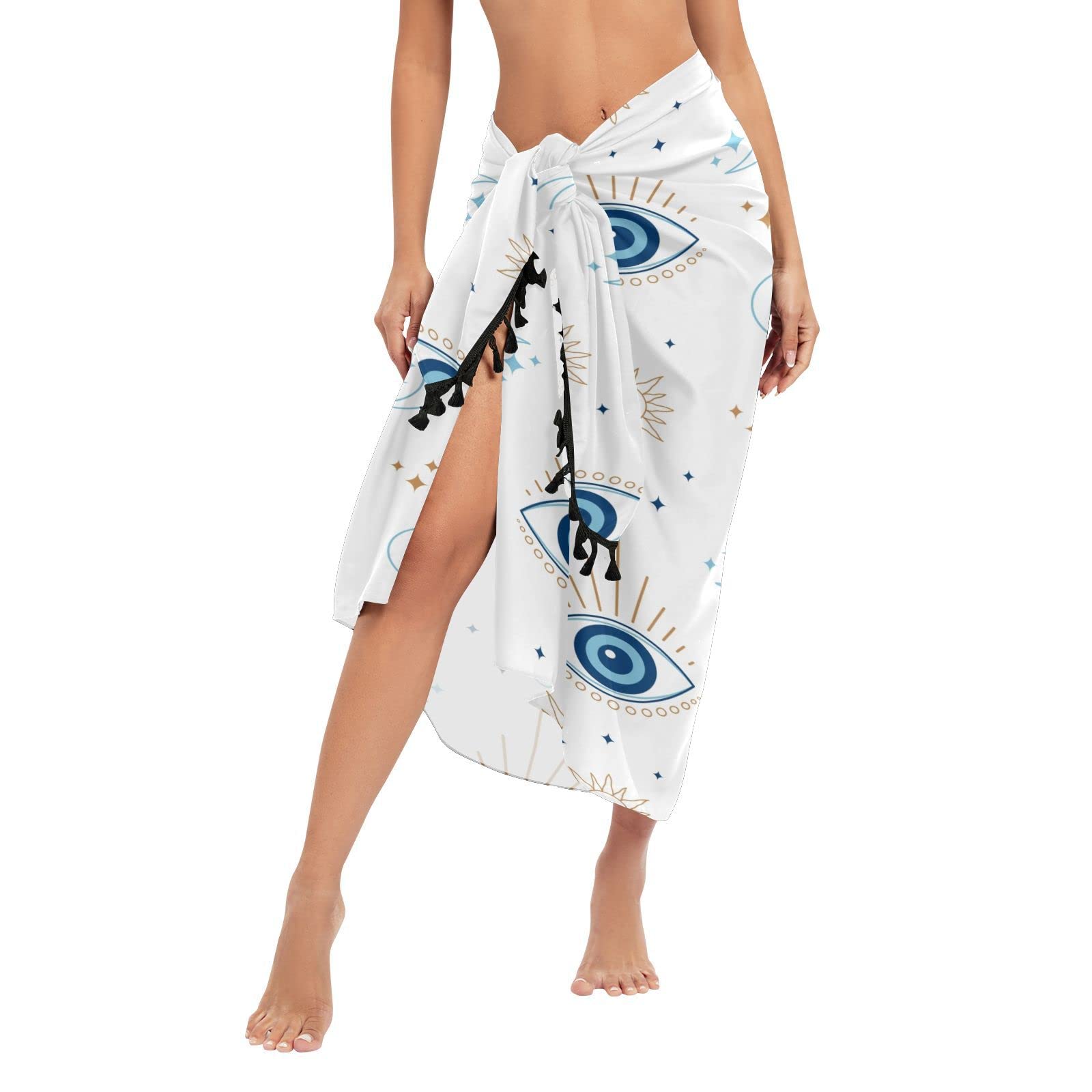 Jihqo Women's A Magic Evil Eye Beach Sarong Coverups For Swimsuit Wrap Swimwear Cover Up Sheer Dress, M-L