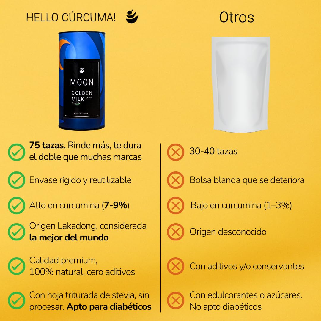 Moon Golden Milk Expert con Stevia 150gr (75 porciones) - Leche dorada en polvo - Mezcla de Curcuma en polvo, Ashwagandha, Jengibre, Stevia y Pimienta negra con alta concentración de curcumina