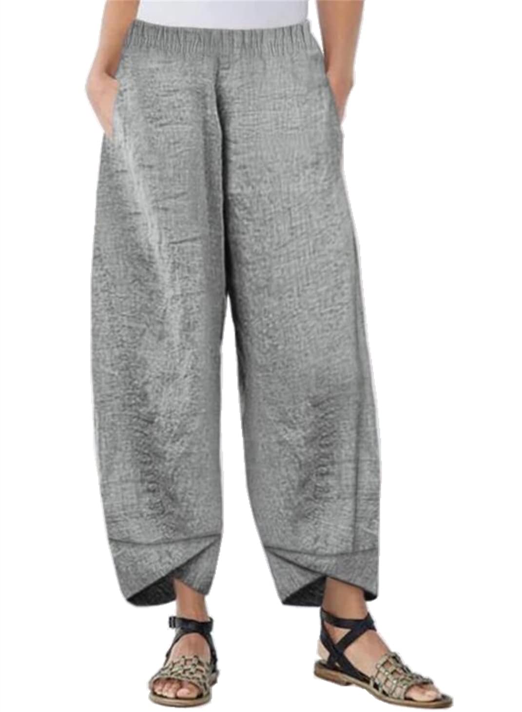Summer Womens Vintage Pants Casual Solid Elastic Waist Wide Leg Pocket Trousers Loose Beach Fashion Pants