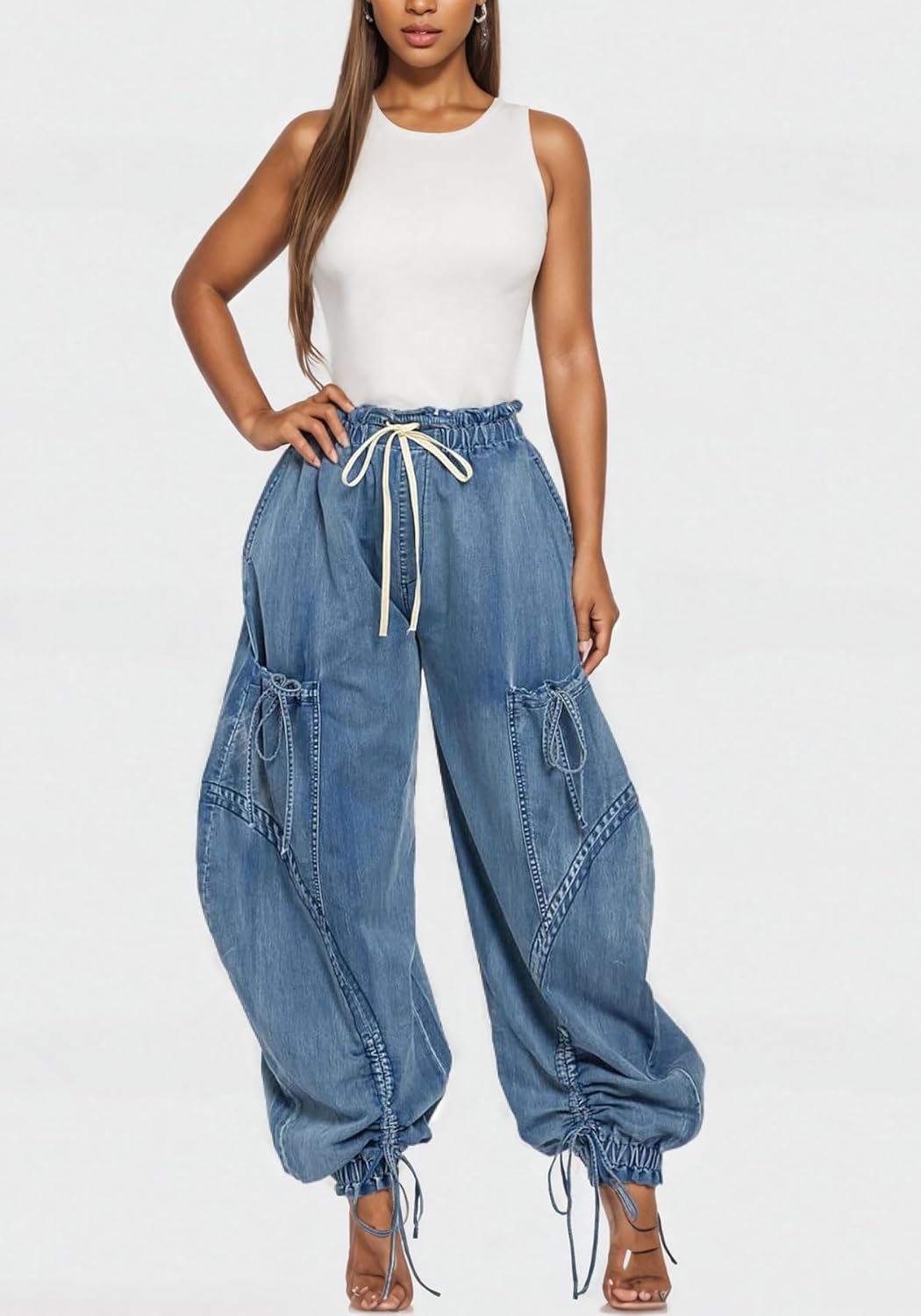 LETSVDO Women's Baggy Cargo Jogger Jeans High Waisted Wide Leg Drawstring Bow Pockets Loose Harem Denim Pant Sweatpants - Image 4