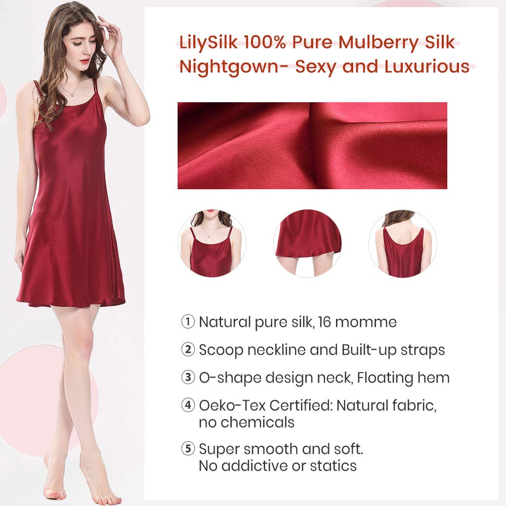 LilySilk Women's 100 Silk Nightdress Short Low Scoop Back Ladies Chemise Nightgown 16 Momme Pure Silk