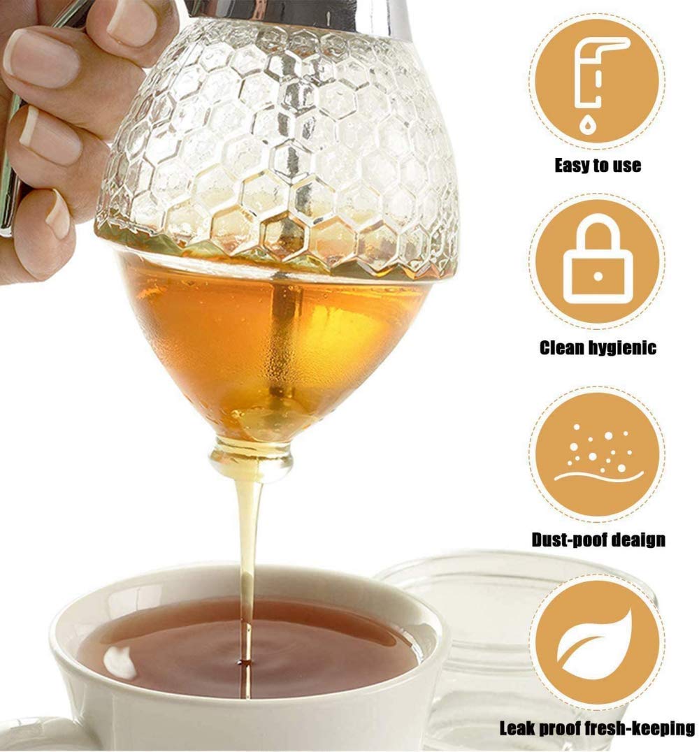 Honigspender, Sirupzuckerbehälter mit Ständer, Honigkammförmiger Honigtopf, Press-Honig-Clepsydra-2PCS