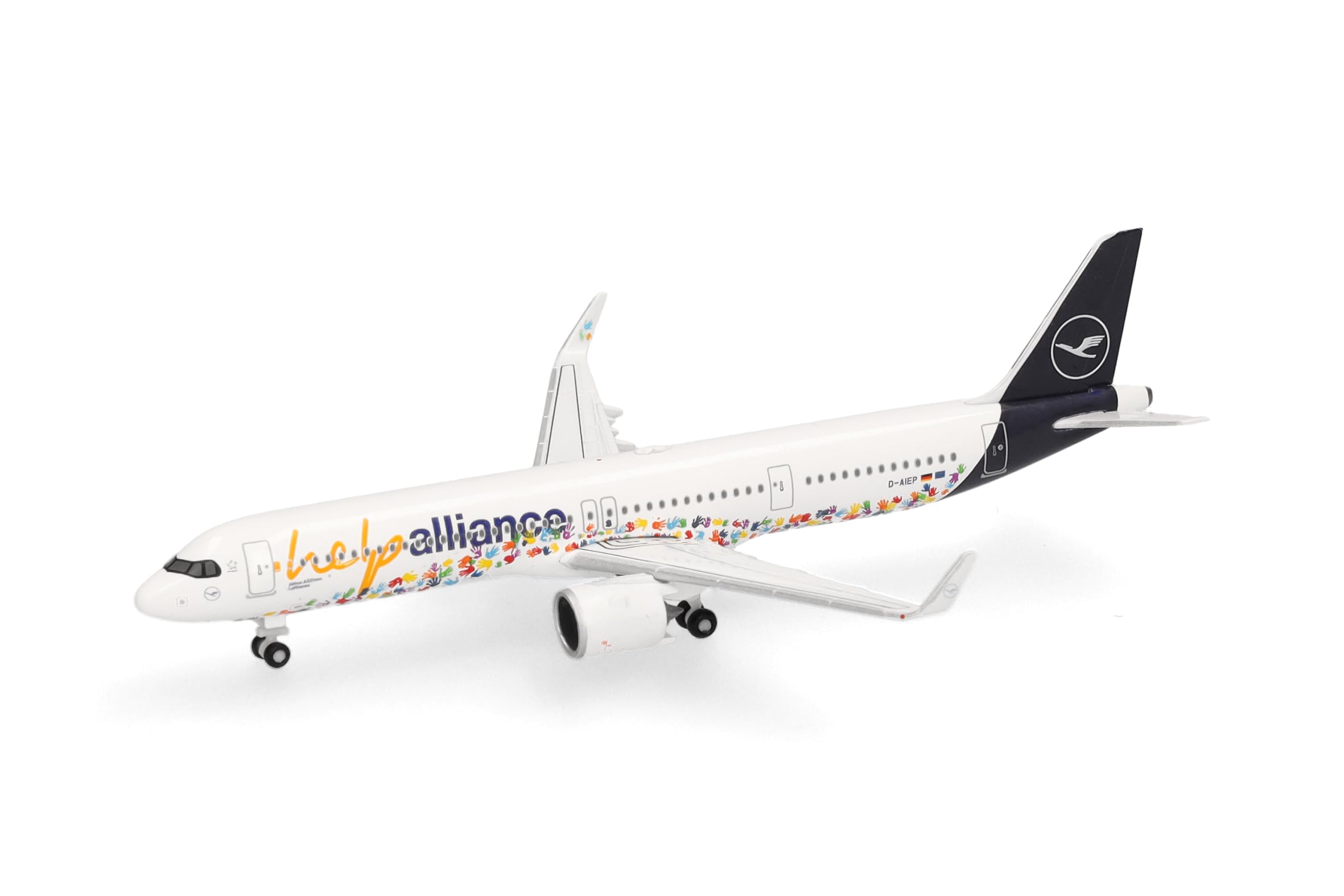 Herpa Modellflugzeug Lufthansa Airbus A321neo Help Alliance, Miniatur im Maßstab 1:500, Sammlerstück, Flugzeug Modell ohne Standfuß, Metall