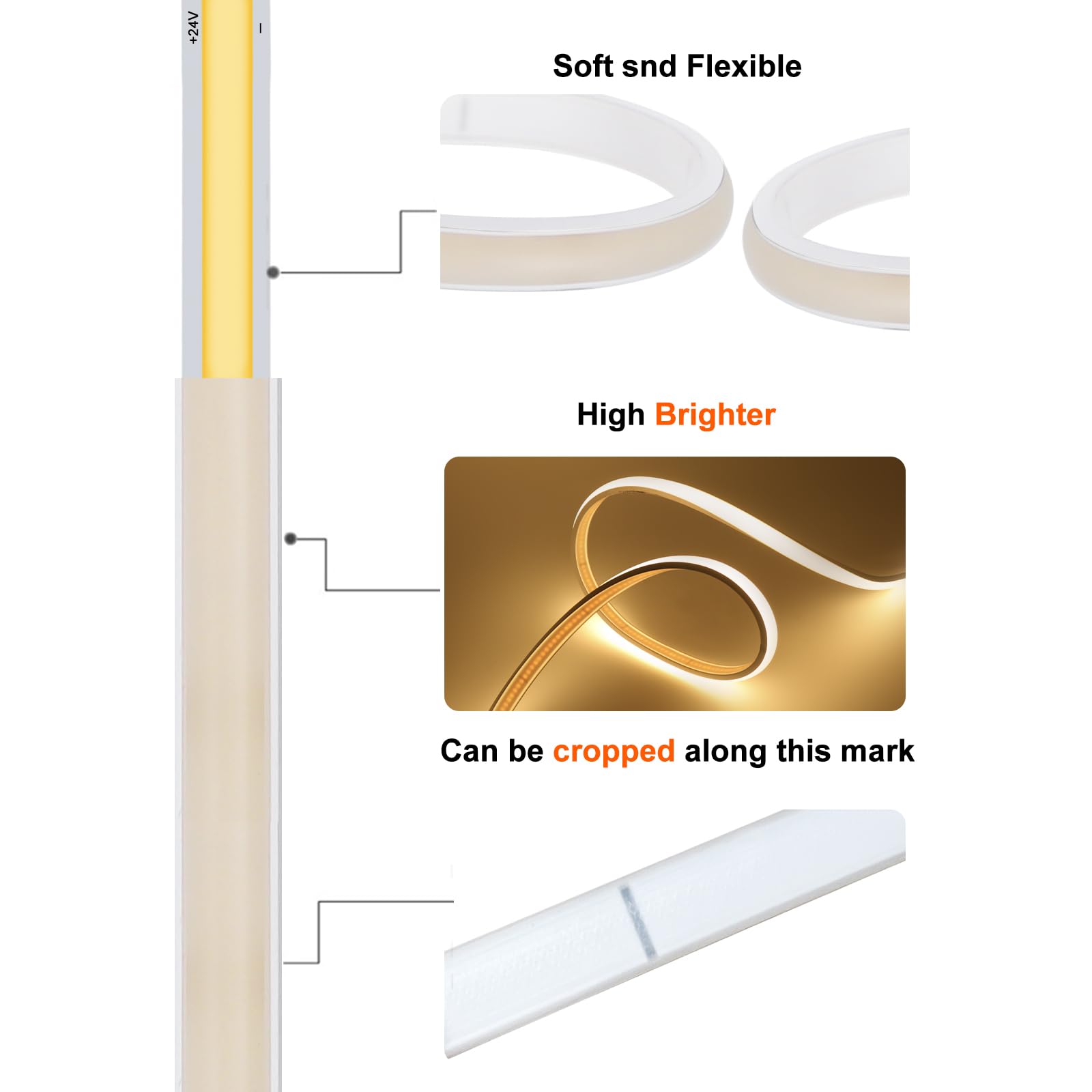 KISUFU Tira LED COB 24V, 320 LEDs/m Luces LED Impermeable IP65 neon luces de cinta LED con Dimmer monocromático ir de 23 teclas wifi para Exterior Decoración del Hogar, Cocina, Espejo.