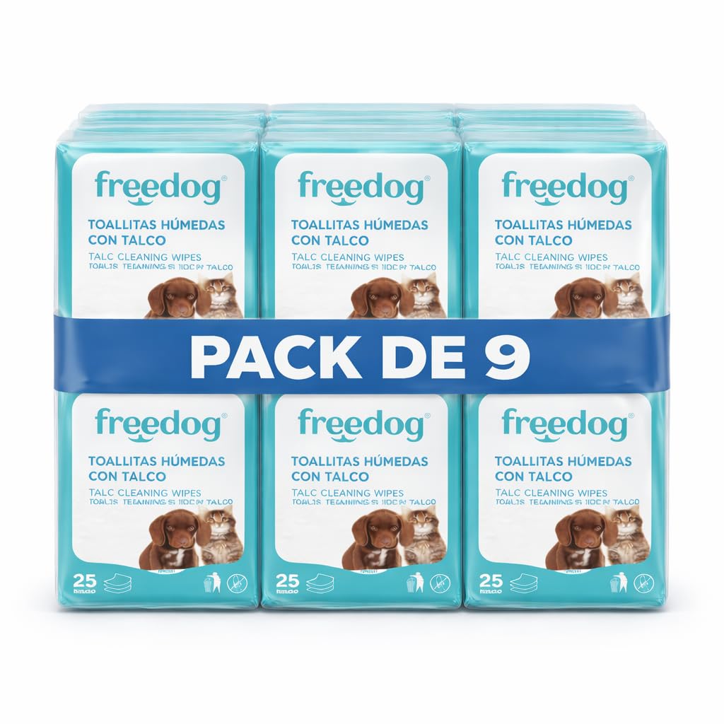 Freedog Pack 9 Paquetes de 25 Unidades Toallitas Húmedas para Perros y Gatos Esencia Talco - Toallitas - Toallitas Húmedas - Limpiador Patas Perro - Eliminador De Olores - Toalhitas - Limpieza