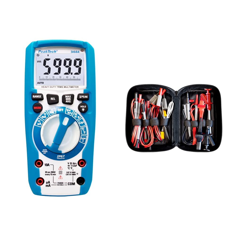 PeakTech 3444 – True RMS Digital Multimeter & Peak Tech P 8200 – Messzubehör Set für Digital Multimeter, Prüfkabel Set, Elektronik Sortiment mit Prüfkabel - 14-teilig inkl. Tasche