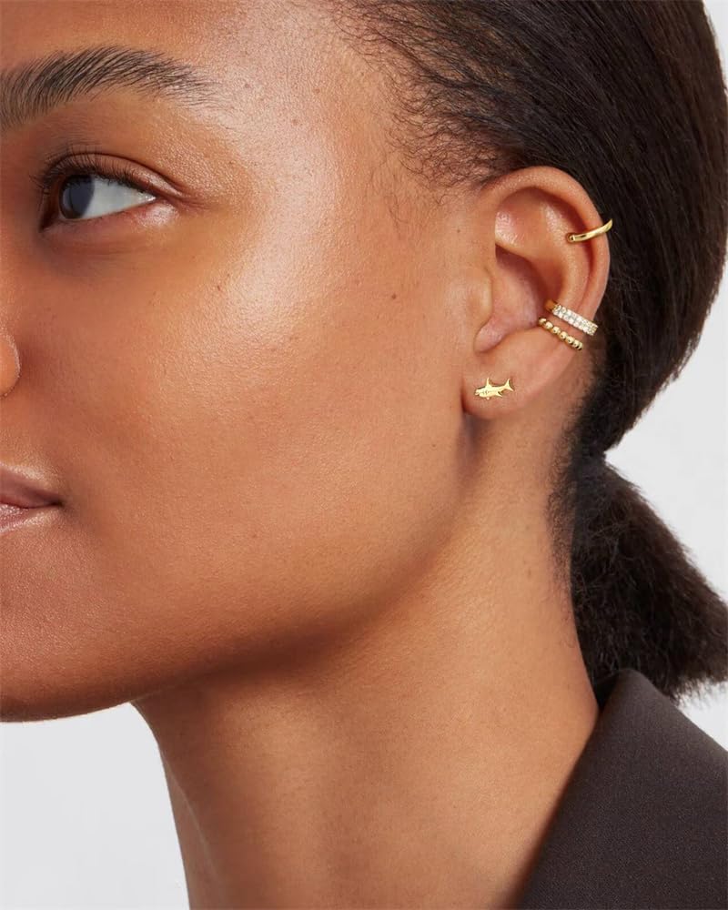 Cute 16g Shark S925 Sterling Silver Flat Screw Back Samll Stud Earrings for Women 14k Gold Plated Minimalist Fish Animal Cartilage Tragus Piercing Sleeper Tiny Mini Studs Hypoallergenic Jewelry for Her Bff - Image 6