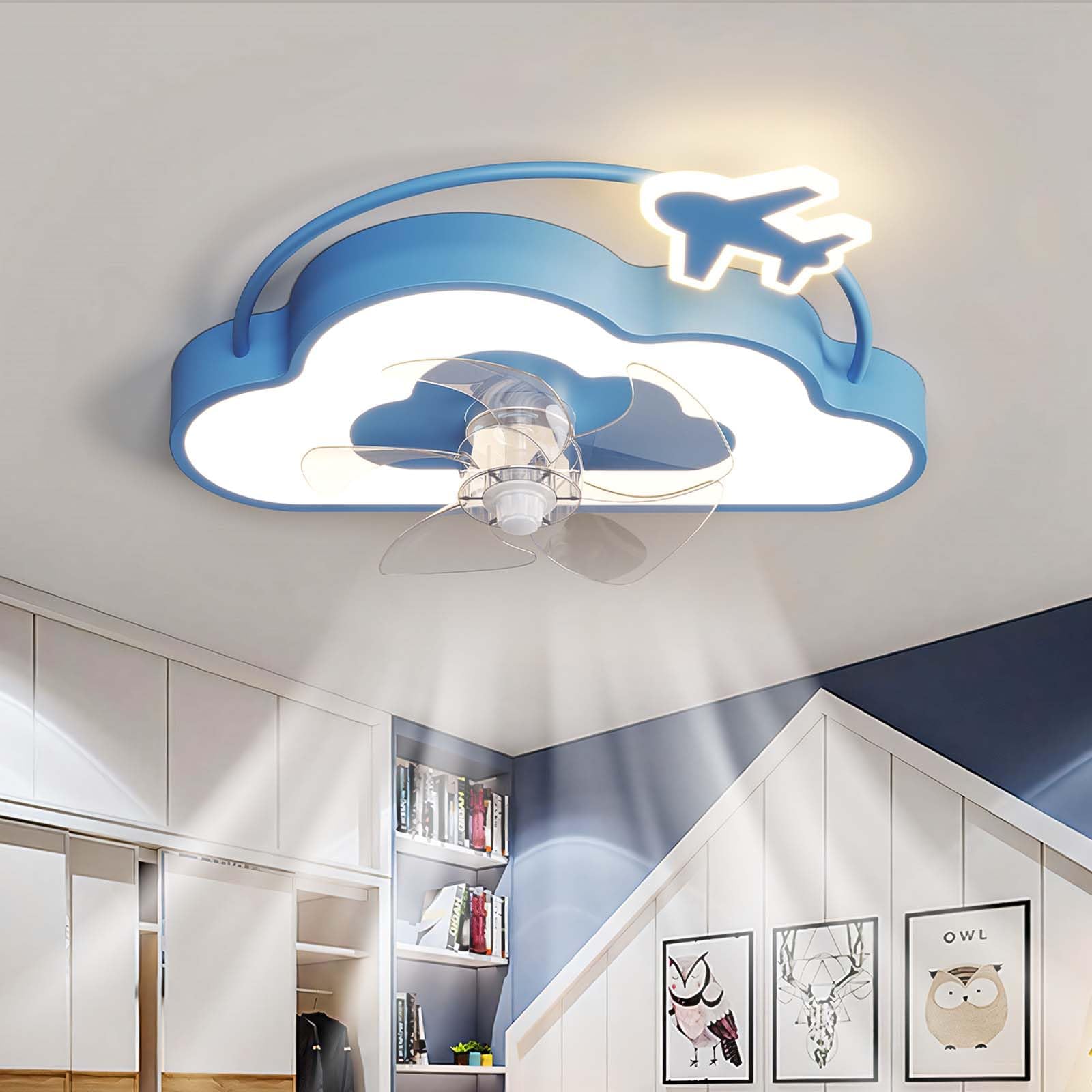 Wentylator sufitowy LED Light， Dziecięcy wentylator sufitowy z lampą w kształcie gwiazdy, ściemnialny, sterowanie za pomocą pilota, 6-biegowy timer, niebieski, 18,7 cala