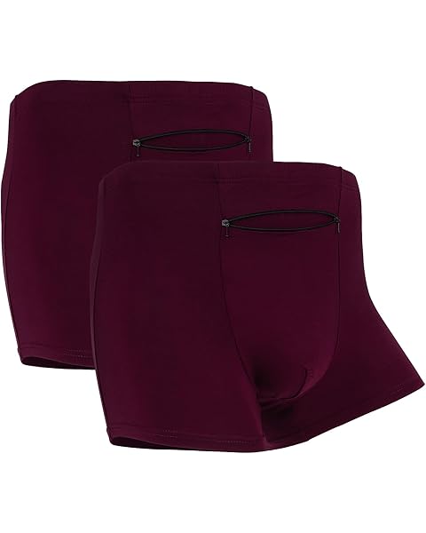 LUEXBOX Pocket Underwear for Men with Secret Hidden Pocket, Travel Boxer Briefs, 2 Packs (Dark Red)