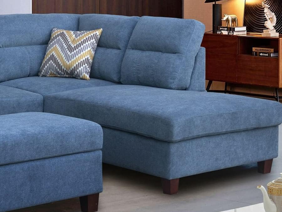 Hugo Sectional Sofa with Right Facing Chaise, Ottoman, and Pillows in Blue Polyester