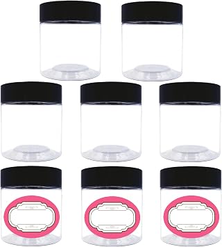 4 oz Plastic Jars with Lids,8 Pack Wide-mouth Clear Storage Containers, Empty Round Clear Plastic Jars with Lids and labels for Body Butter, Bath Salt, Slime and Beauty Products