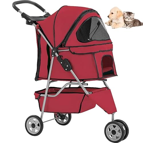 FLL Cochecito para perros y gatos con cesta de almacenamiento, plegable, ligero, para gatos, suave y fácil de caminar, para perros y gatos medianos