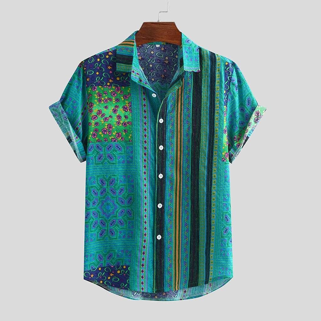 Vintage Shirts for Men Striped Short Sleeve Hawaiian Shirt Summer Button Down T Shirt Relaxed-Fit Casual Beach Tops