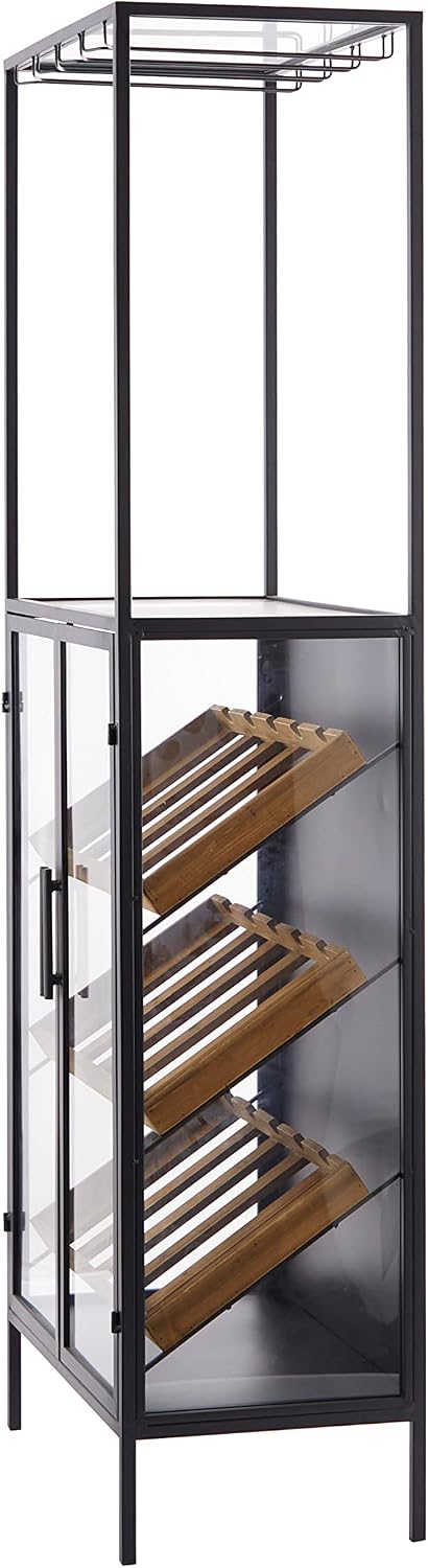 Deco 79 Wood 15 Bottle Standing Wine Rack with Wine Glass Holders and Wood Accents, 24" x 14" x 67", Black