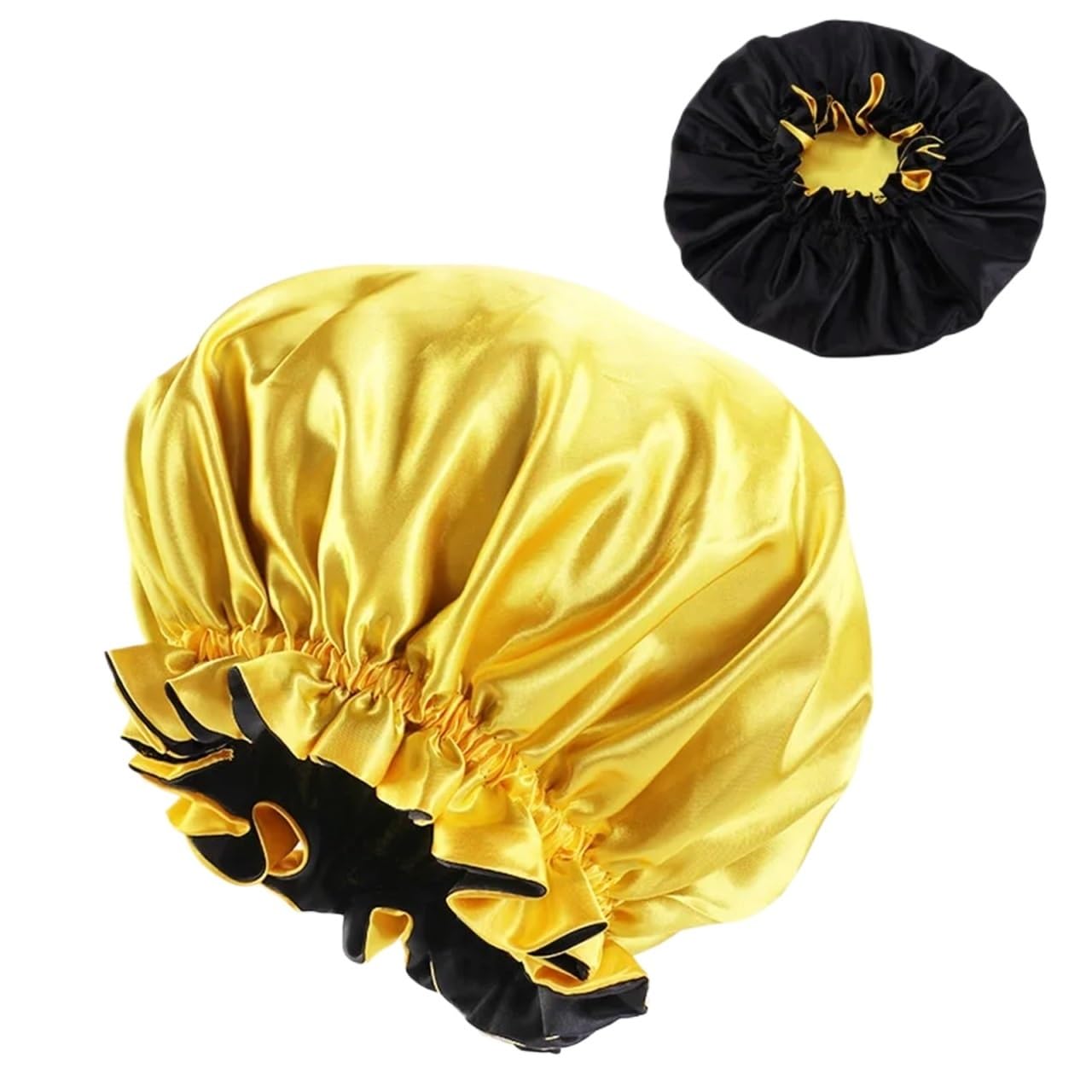 Doppelseitige, wasserdichte Duschhaube, einfarbig, Satin-Haarhaube for Damen(Yellow)