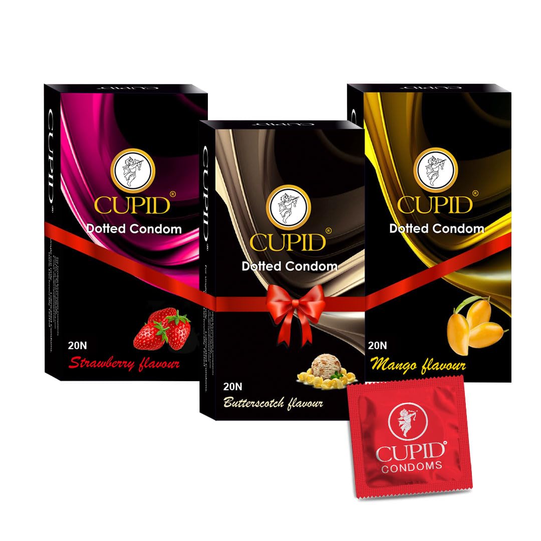 Cupid Dotted & Flavoured Condoms Mango, Strawberry & Butterscotch Flavour (Pack of 3) | Lubricated & Multitextured Condoms | For Her Enhanced Pleasure | Pack of 3, 20 Pcs Each-image-47