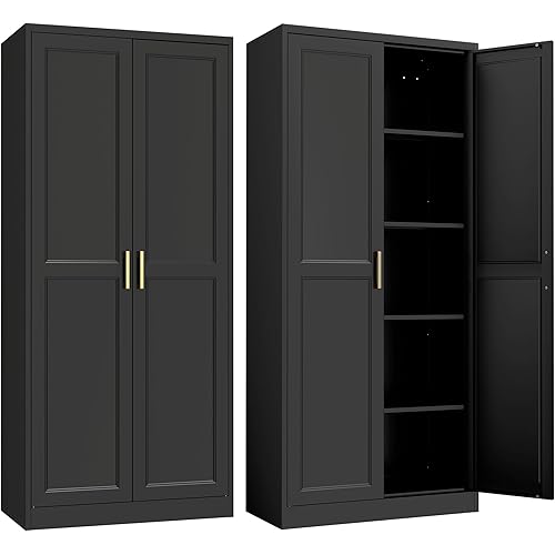 Kitchen Pantry Cabinet,71”Black Metal Pantry Storage Cabinet with Doors and 4 Adjustable Shelves,Kitchen Cabinet with 2 Gold Handles,Tall Cabinet for Livingroom,Pantry, Bathroom