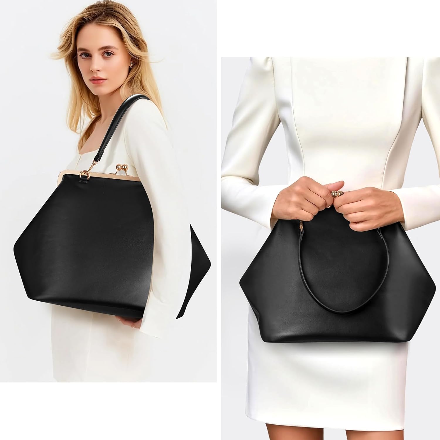 Large Women's Kiss Lock Bag PU Medium Top Handle Handbags Kiss Clasp Shoulder Bags Tote Purse Messenger Clutch - Image 2