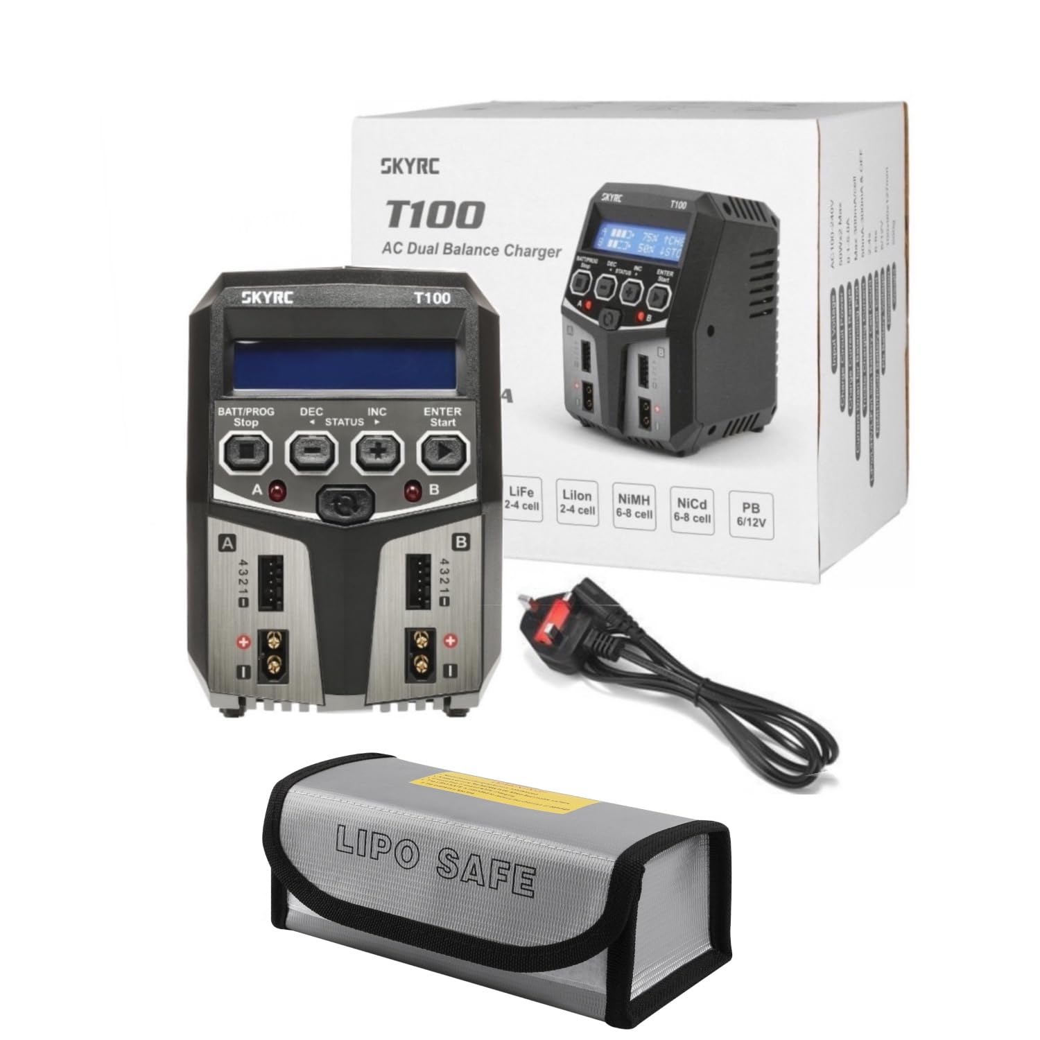 Battery Charger, T100 Dual Balance 5A 2x50W for LiPo Li-Ion LiHV LiFe NiMH with 12V Output