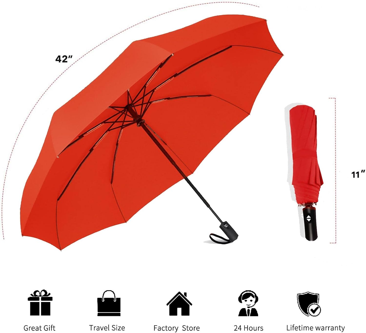 SIEPASA Windproof Travel Compact Umbrella, 8-Ribs Anti-UV Waterproof Folding Umbrella with Telfon Coating-One Button for Auto Open and Close (Big Red) : Clothing, Shoes & Jewelry