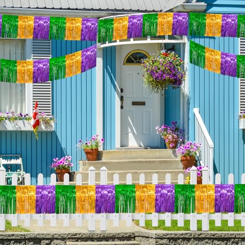 Image of 4 Packs 10 Feet Long Foil Fringe Mardi Gras Garland Green Gold Purple Tinsel Metallic Streamers Wall Hanging Birthday Backdrop Banner for Carnaval Car Parade Floats Streamer Decorations