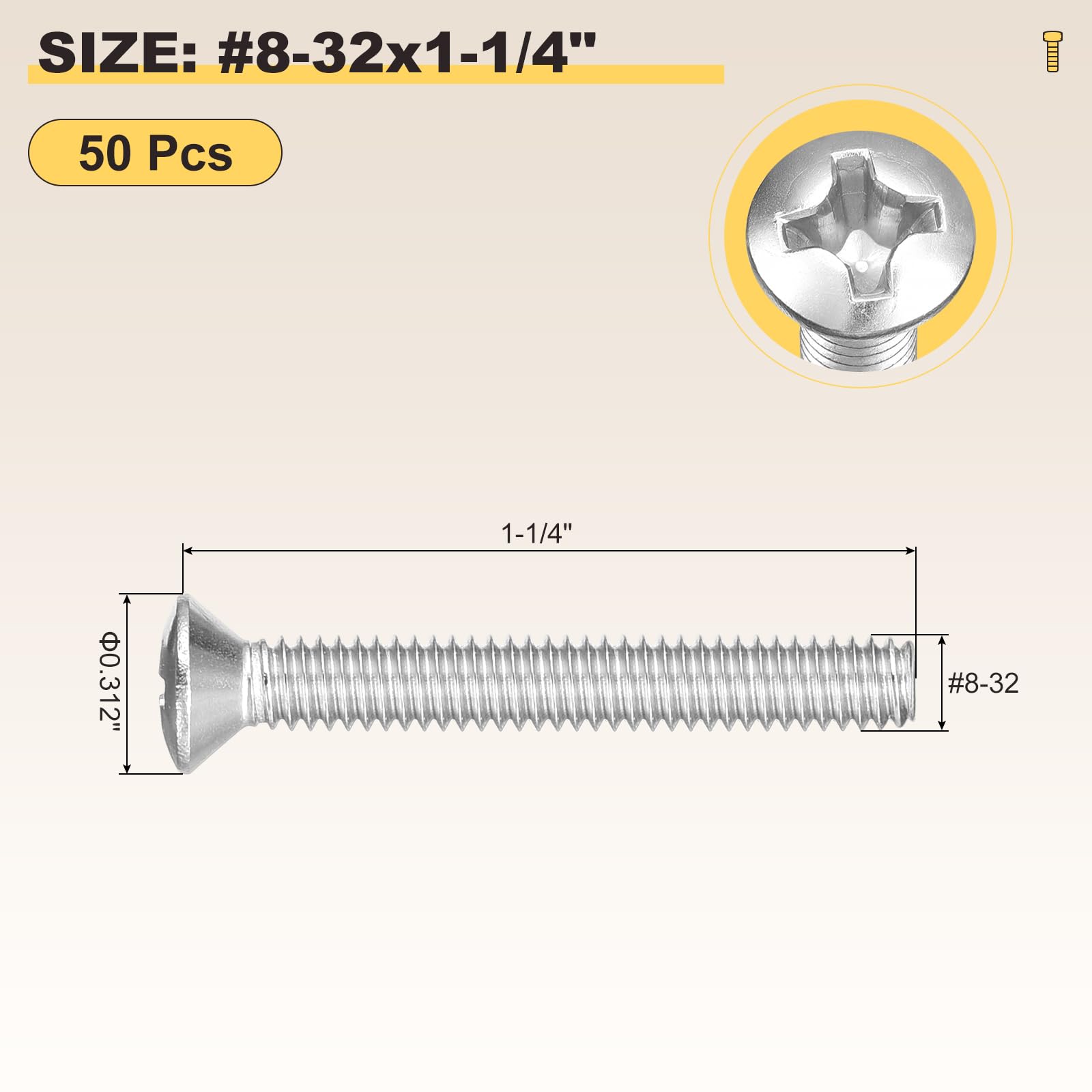 METALLIXITY Phillips Cross Recessed Countersunk Head Screws Bolts (#8-32x1-1/4") 50Pcs - Image 2