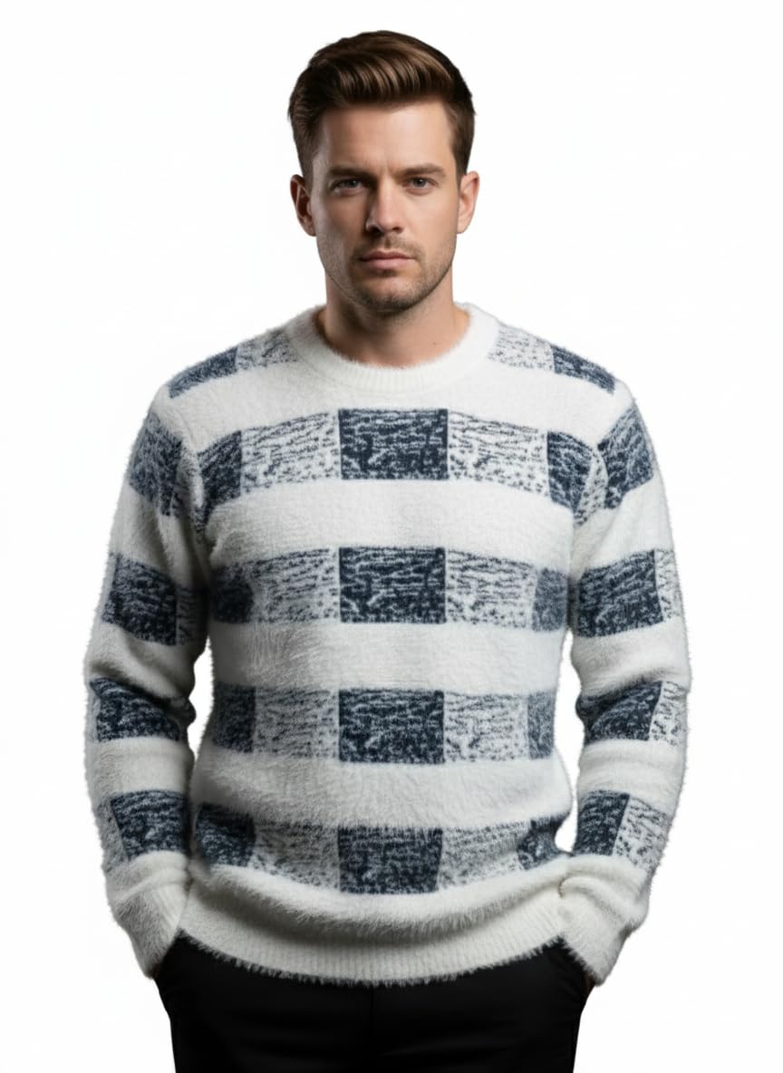 trendyz Men Hair Woolen Soft Sweater, Navy Blue and White Striped Pattern, Long Sleeve Pullover-picture-51