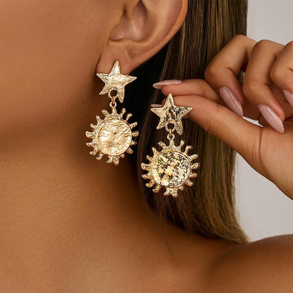 Unique Gold Sun Star Dangle Earrings for Women Punk, Vintage Silver Sunflower Statement Sunshine Drop Dangly Stars Stud Earring Jewelry Gift Accessories - Image 6