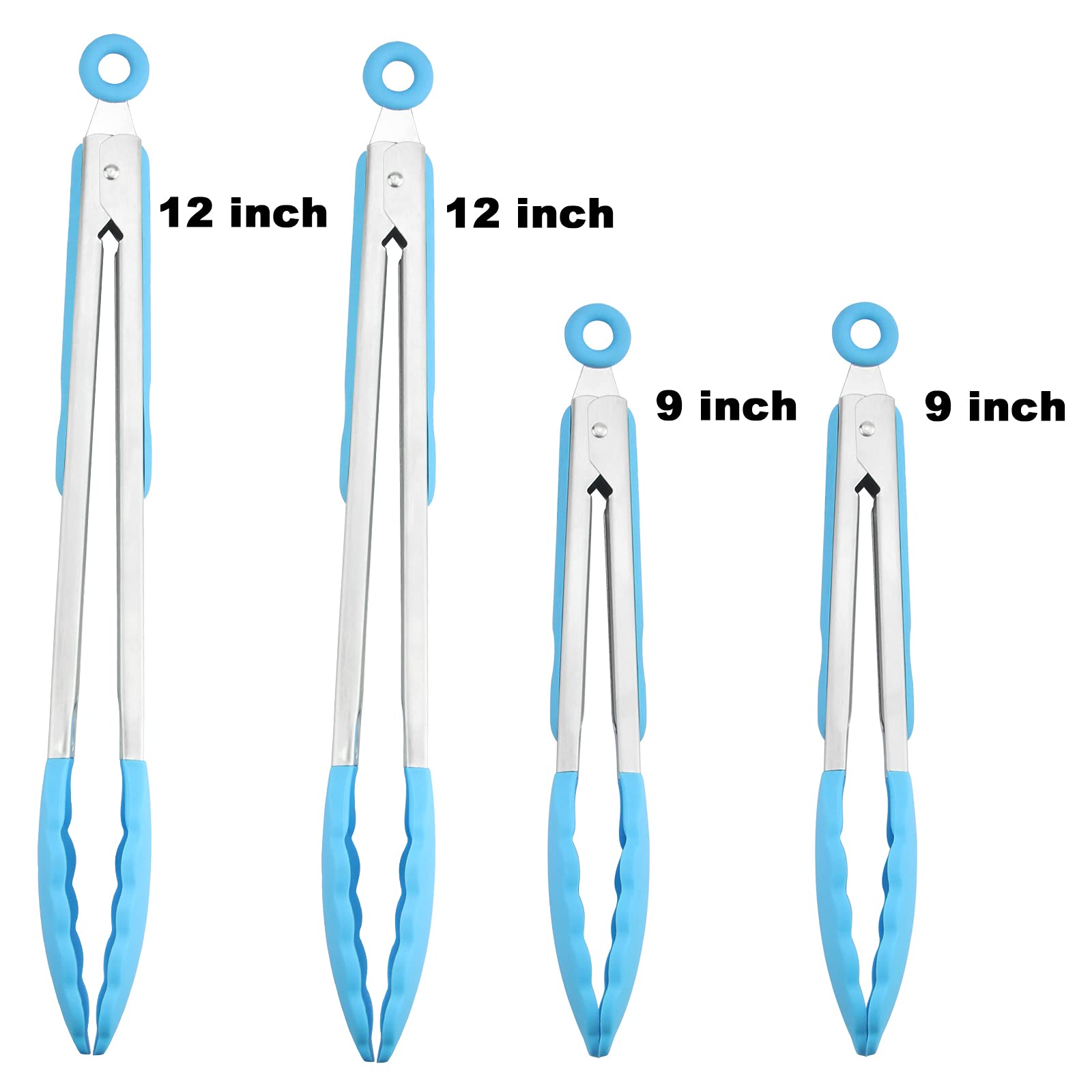 Paquete de 4 pinzas de cocina azules, silicona premium, sin BPA, antiadherente, de acero inoxidable, para cocinar a la parrilla, pinzas para alimentos, 22 cm y 30 cm