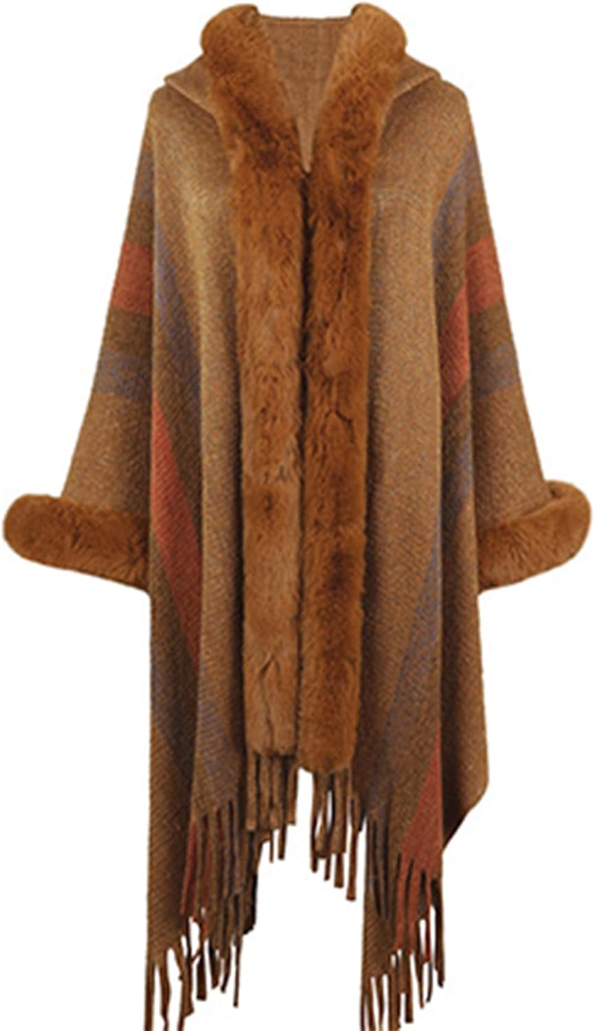 Sexyshine Women's Faux Fur Trim Hooded Cloak Shawl Wrap Rainbow Striped Batwing Sleeve Tassel Poncho Coat Cape