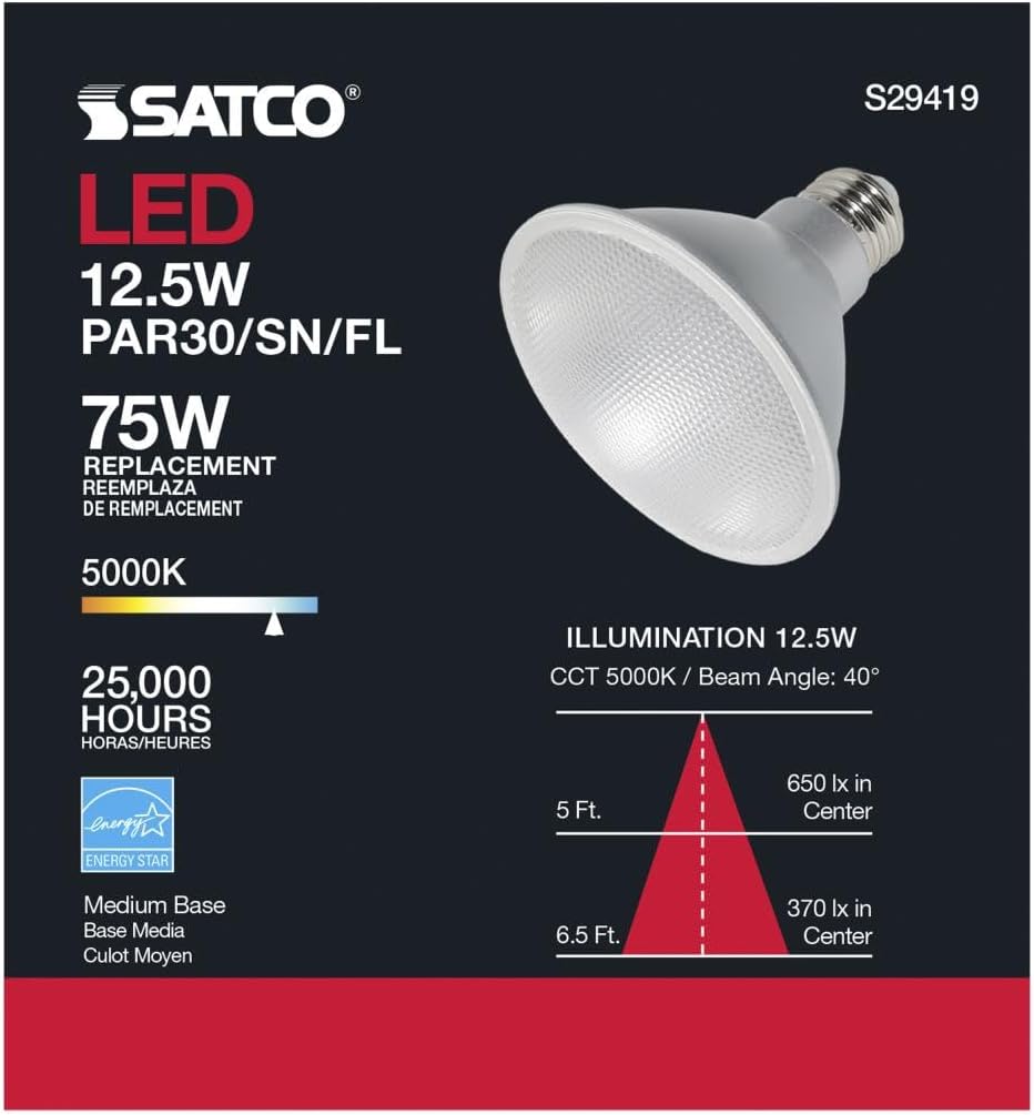 Satco S29419 12.5 Watt; PAR30SN LED; 5000K; California Compliant (12 LED Light Bulbs)