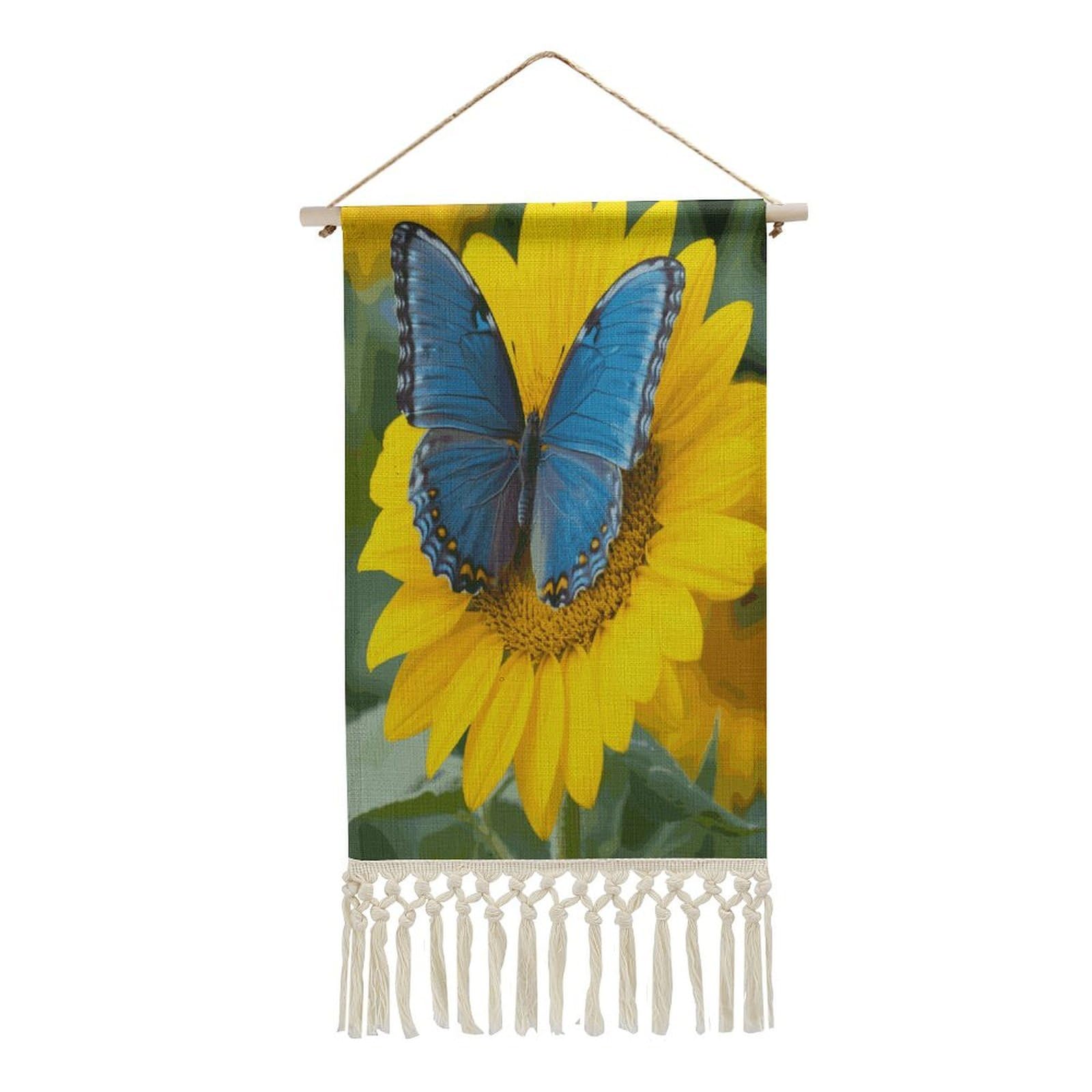 Adfgyerh Style Sunflower Blue Butterfly Tapestry With Tassels Cotton And Linen Hanging Posters, Wall Art For Travel Gift, Wall Tapestry For Office Home Decor Bedroom Living Room Decor
