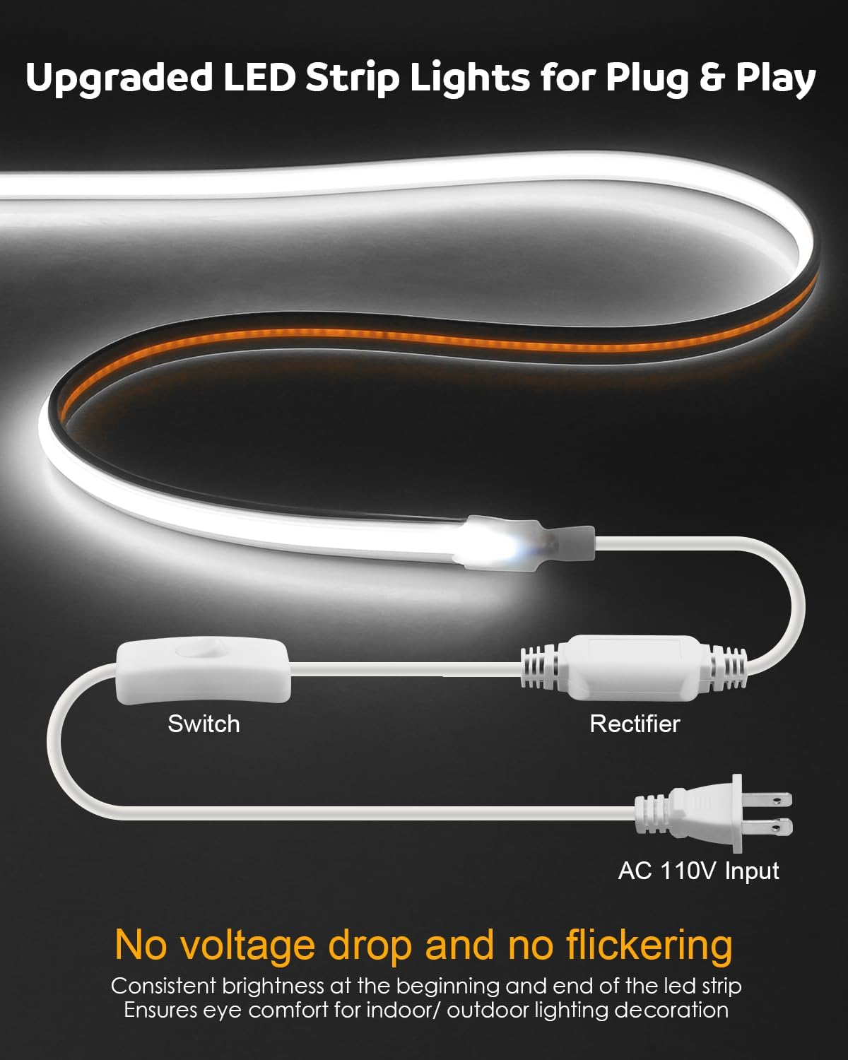 Aclorol 150FT Outdoor White LED Strip Lights Waterproof AC 110V 120V IP68 COB LED Rope Light for Outside with Self-Adhesive for Patio Yards Garden Lighting Decoration Cold White 6000K