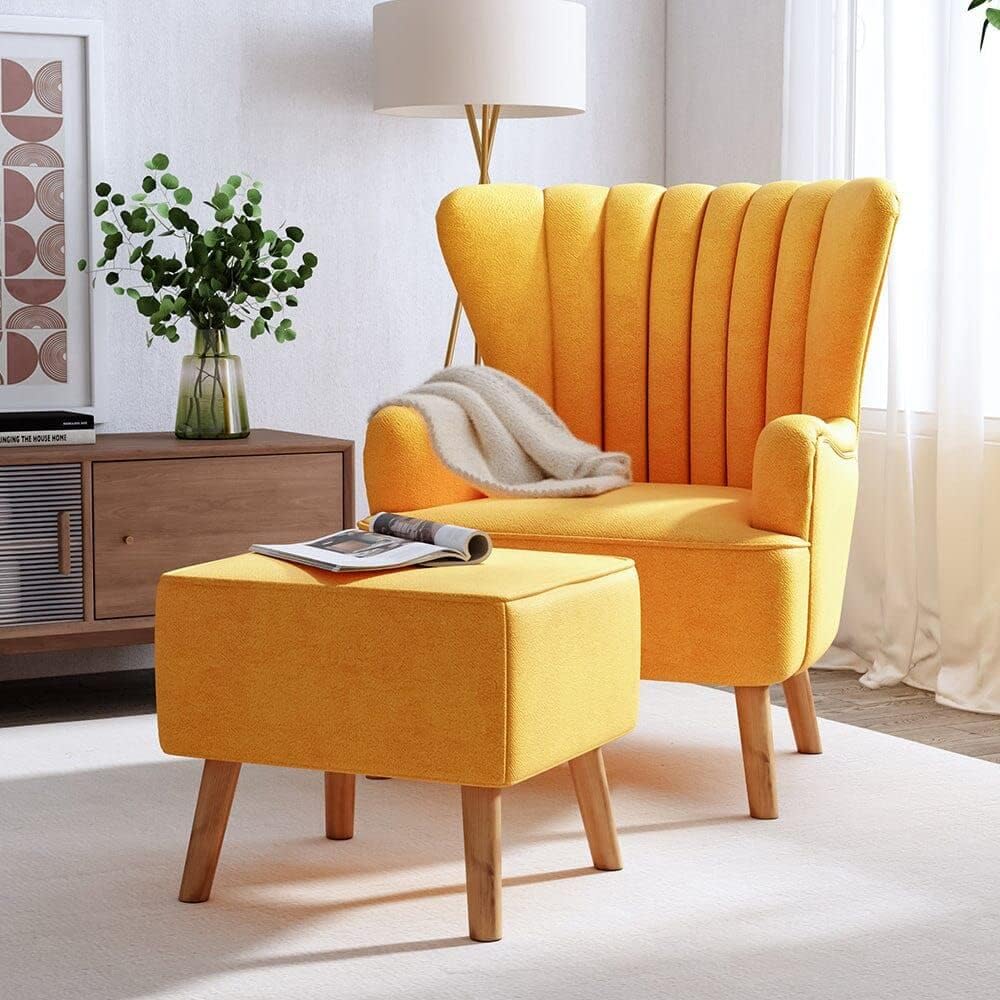 FESTIVAL BAZAR Wing Chair for Living Room - High Back Arm Chair With Cushioned Lounge and Single Seater Sofa With Ottoman/Footrest (Yellow)-image-26
