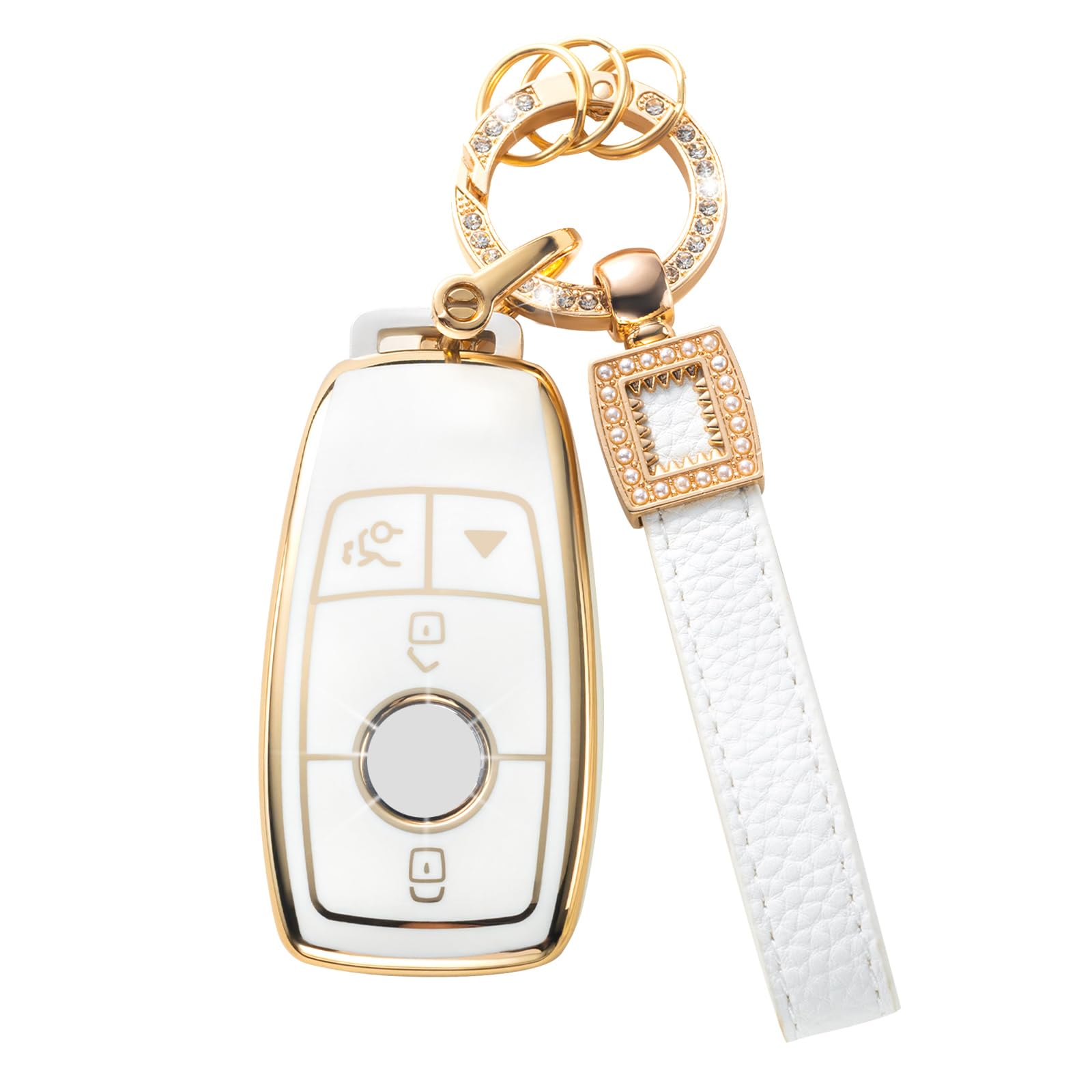 for Mercedes Benz Key Fob Cover with Leather Lanyard, Key Fob Case Compatible with Mercedes Benz 2017-2021 E-Class 2018-2021 S-Class A C-Class G-Class Smart Key Protector Holder