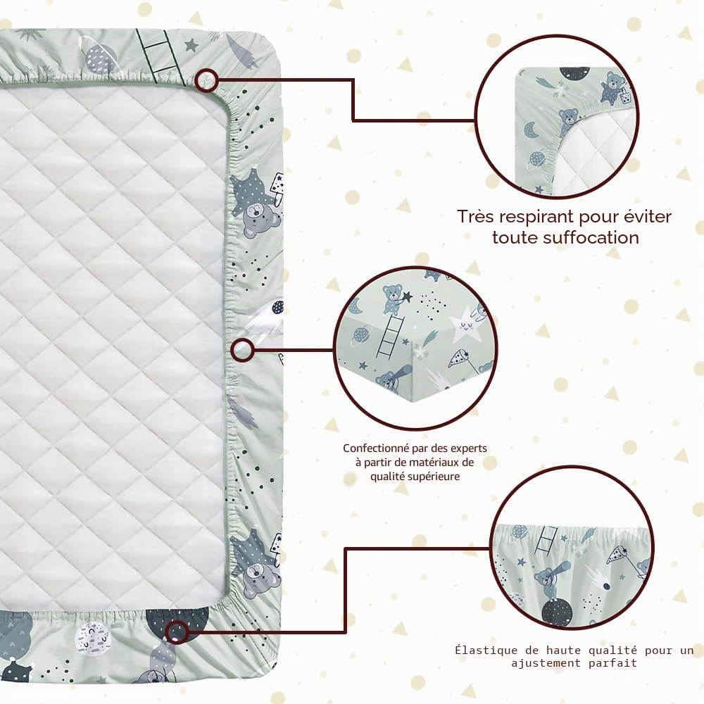 Lot de 2 draps-housses pour berceau (50 x 90 cm) – 100 % coton – Ultra doux, confortable, respirant (lune et ours, gris, 50 x 90 cm)
