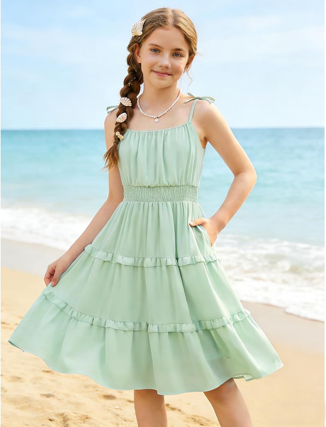 HOZIY Girls Summer Dresses Ruffled Tiered Adjustable Strap Midi Dress Juniors Casual Formal Sundress 5-14 Years