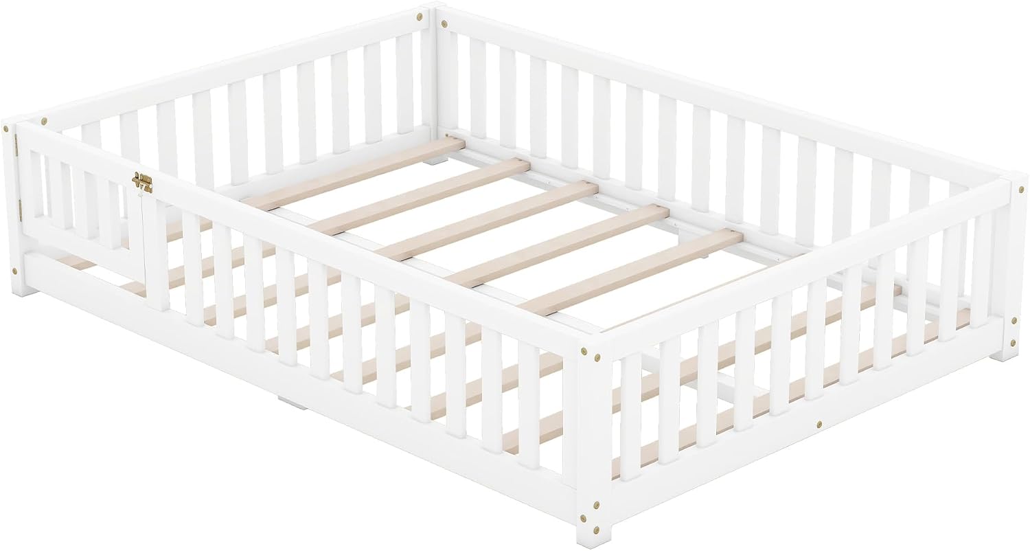 Wooden Full Size Bed Floor Bed with Safety Guardrails and Small Door,for Kids Boys Girls Toddlers Bedrooms Use (White@Guardrails1, Full)