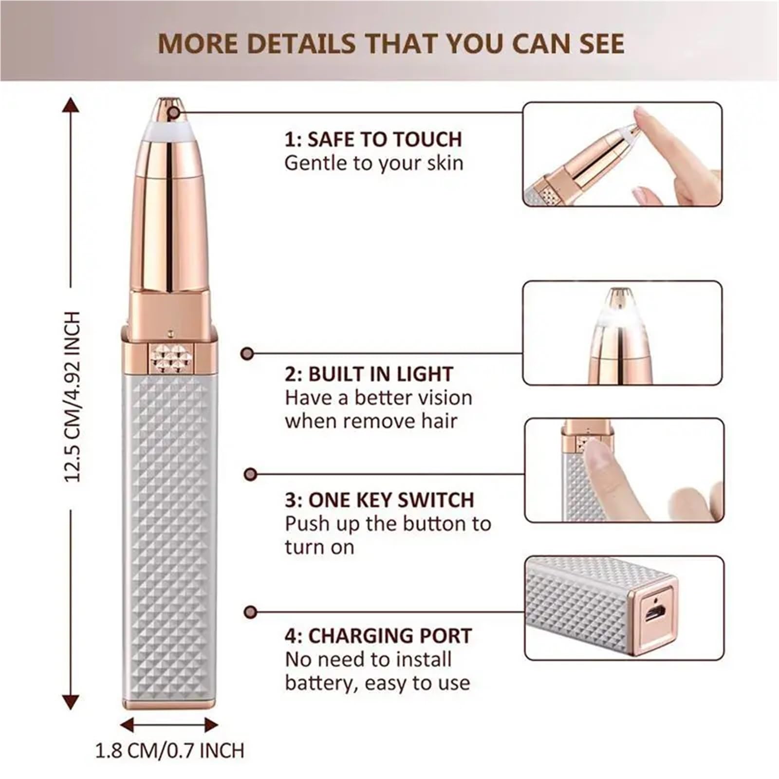 Épilateur facial 2 en 1, mini tondeuse à sourcils pour femme, rasoir électrique à lèvres, recharge USB, multifonctionnel, indolore, outils de maquillage (Champagne)