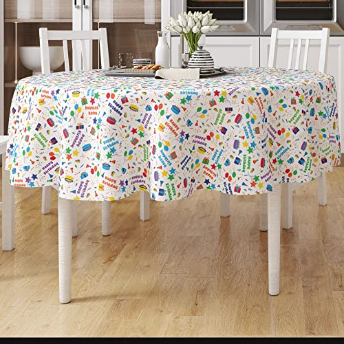 A Luxehome Happy Birthday Multicolor Tablecloth Cover Tabletop Reusable Colorful Party Supplies Home Decorations Decor Dining Room Kitchen Fabric Overlay Pattern Linens Table Cloth (Round 72”) #TOP4