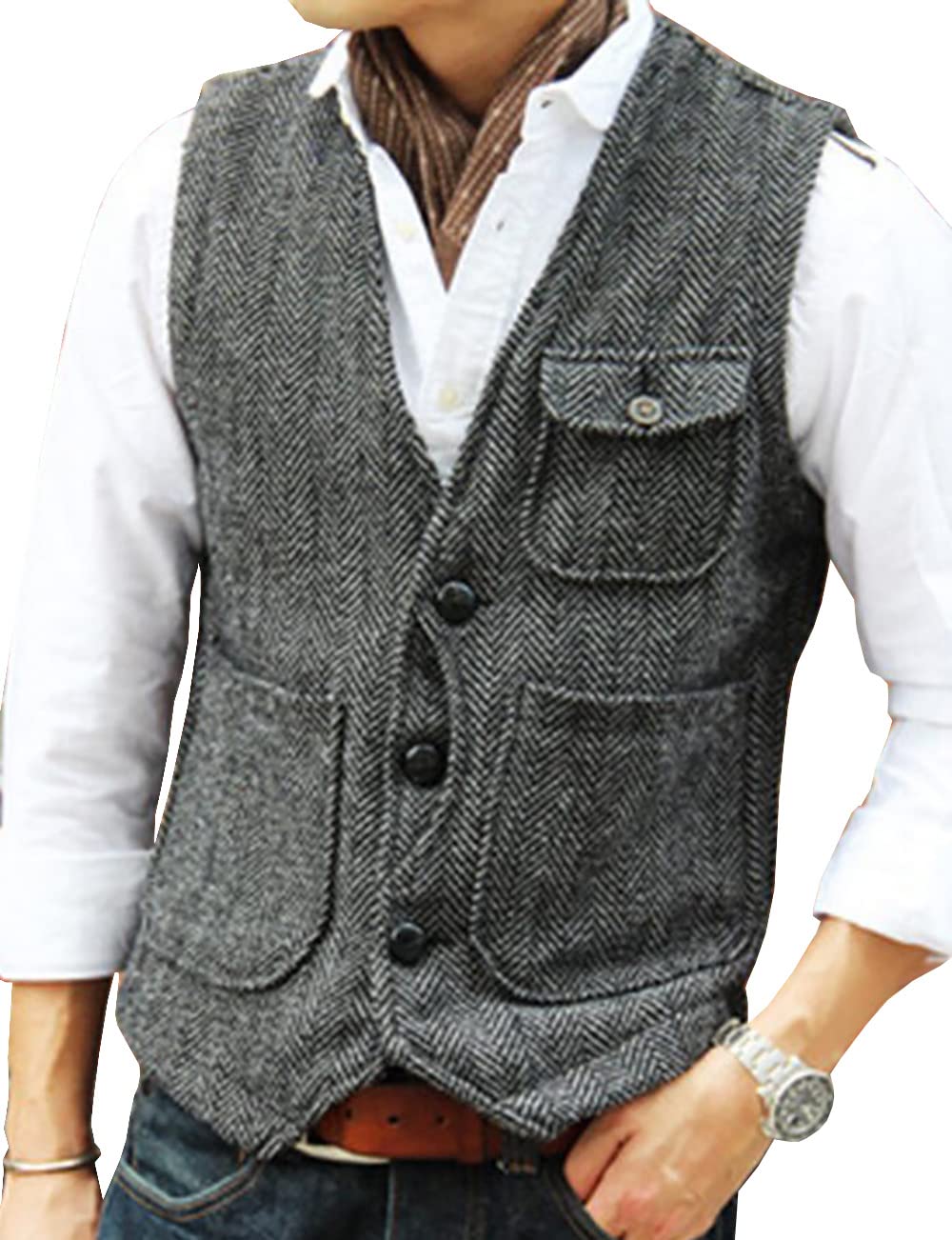 Aesido Suit Vest V Neck Single Breasted Waistcoat Herringbone Wool Fashion Vest for Men