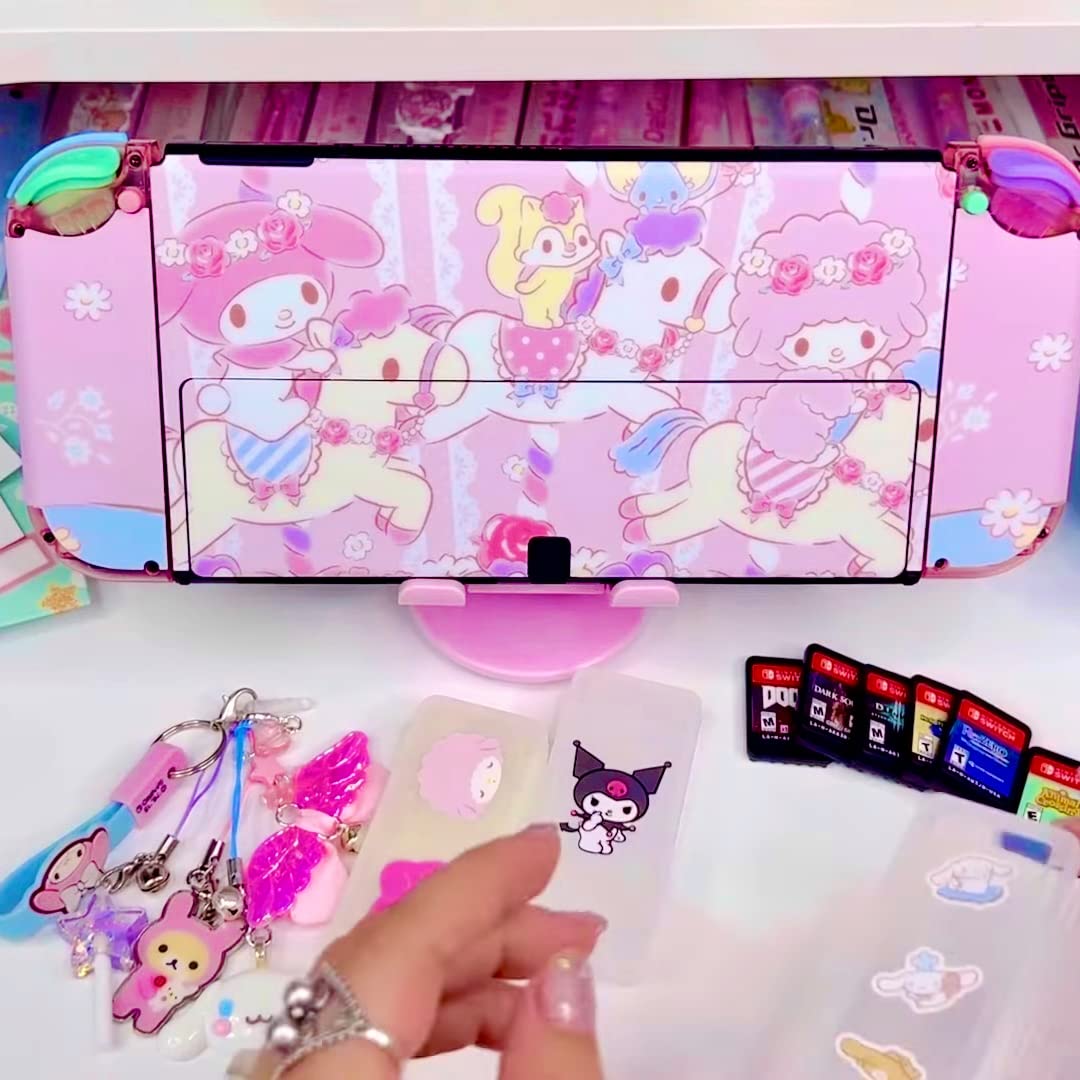 BelugaDesign Hello Melody Skin | Joli autocollant mignon mignon Kawaii rose pastel Anime | Compatible avec console d'accueil Nintendo Switch OLED Joycon