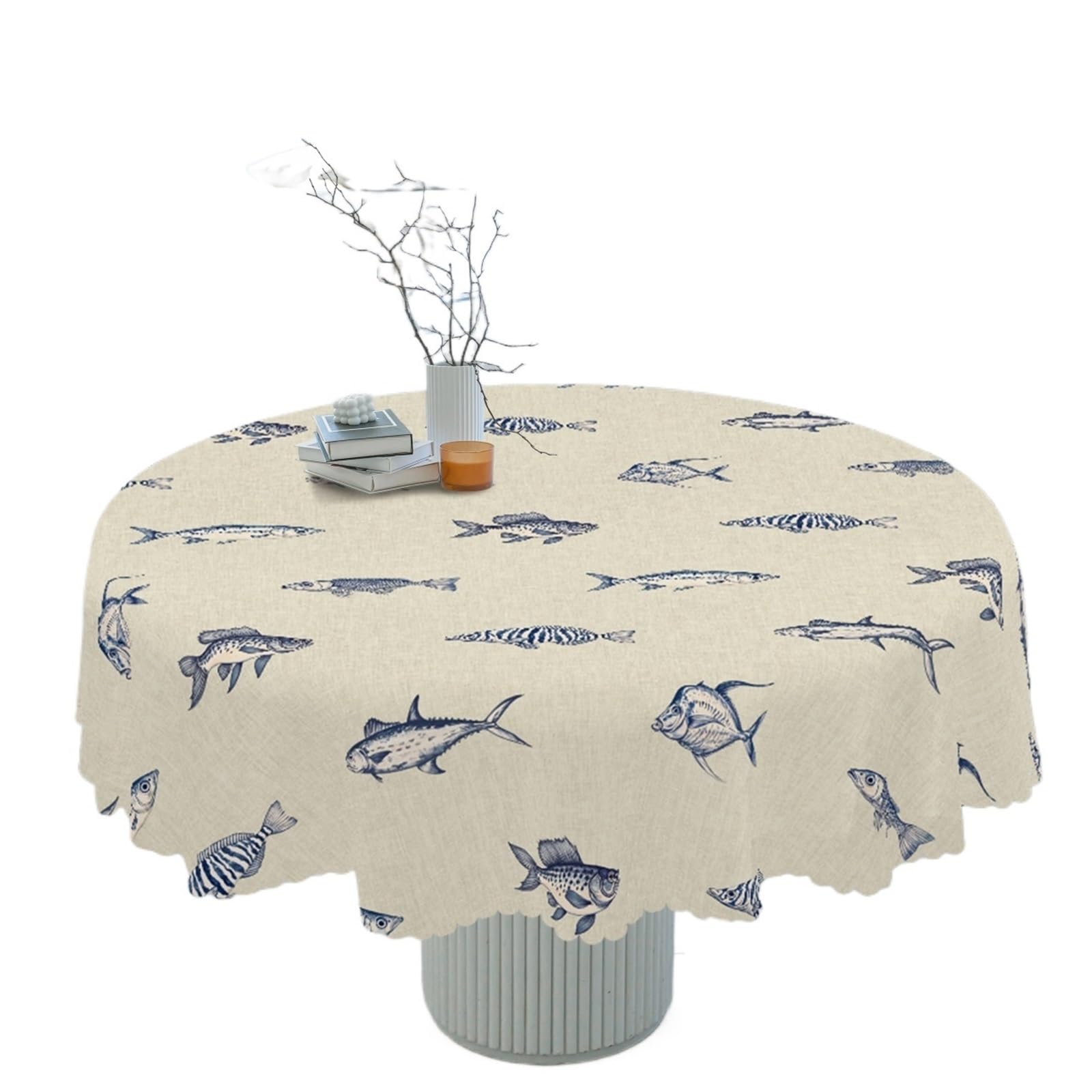 FOAAXSG Tablecloth 1pc Retro Fish Pattern Polyester Tablecloth with Scalloped Edge, for Home Kitchen Decor Room Decoration(152x152cm)