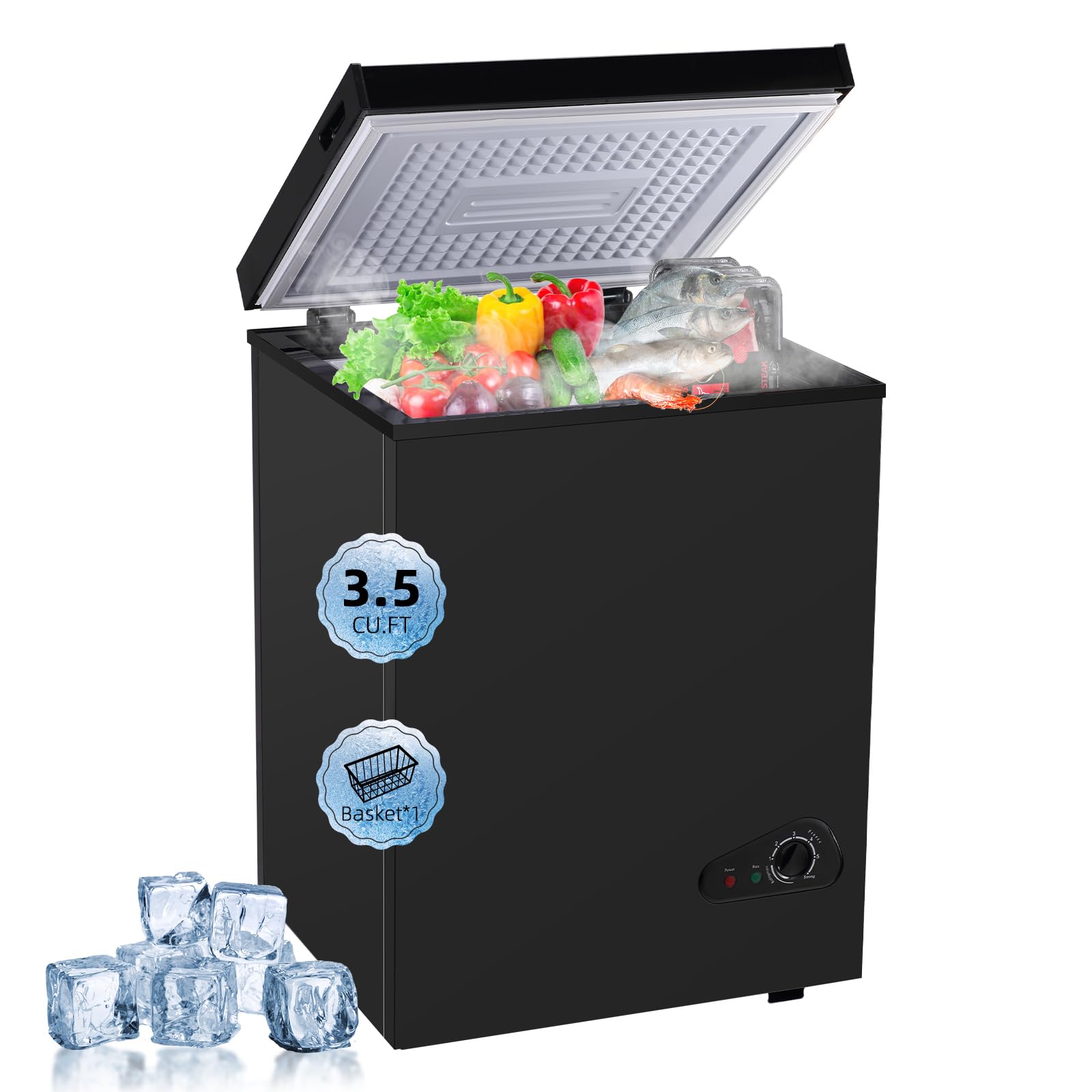 Geekman Chest Freezer 3.5 Cubic Feet Capacity with Removable Basket, Defrost Water Drain, 6 Level Adjustable Temperature, Energy Saving, and Top-Open Door for home, bar, office (Black) | Fridge.com