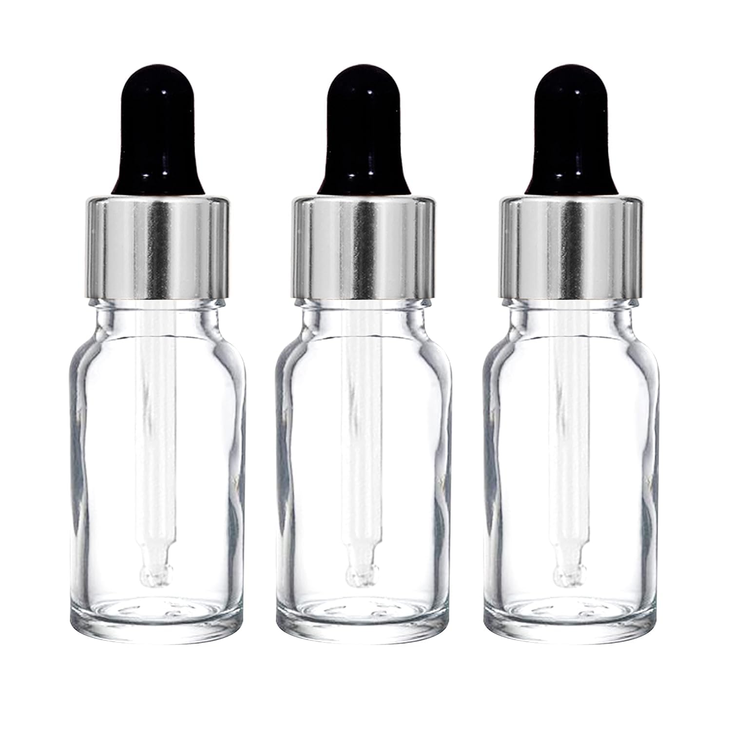 RTWARE 15ml Clear/Transparent Empty Glass Bottle + Dropper + Silver Ring + Silicone Black Teat (Pack of 3) Refillable, Reusable, Leak Proof For Essential Oils, Perfumes Liquid DIY, Cosmetics-image-48